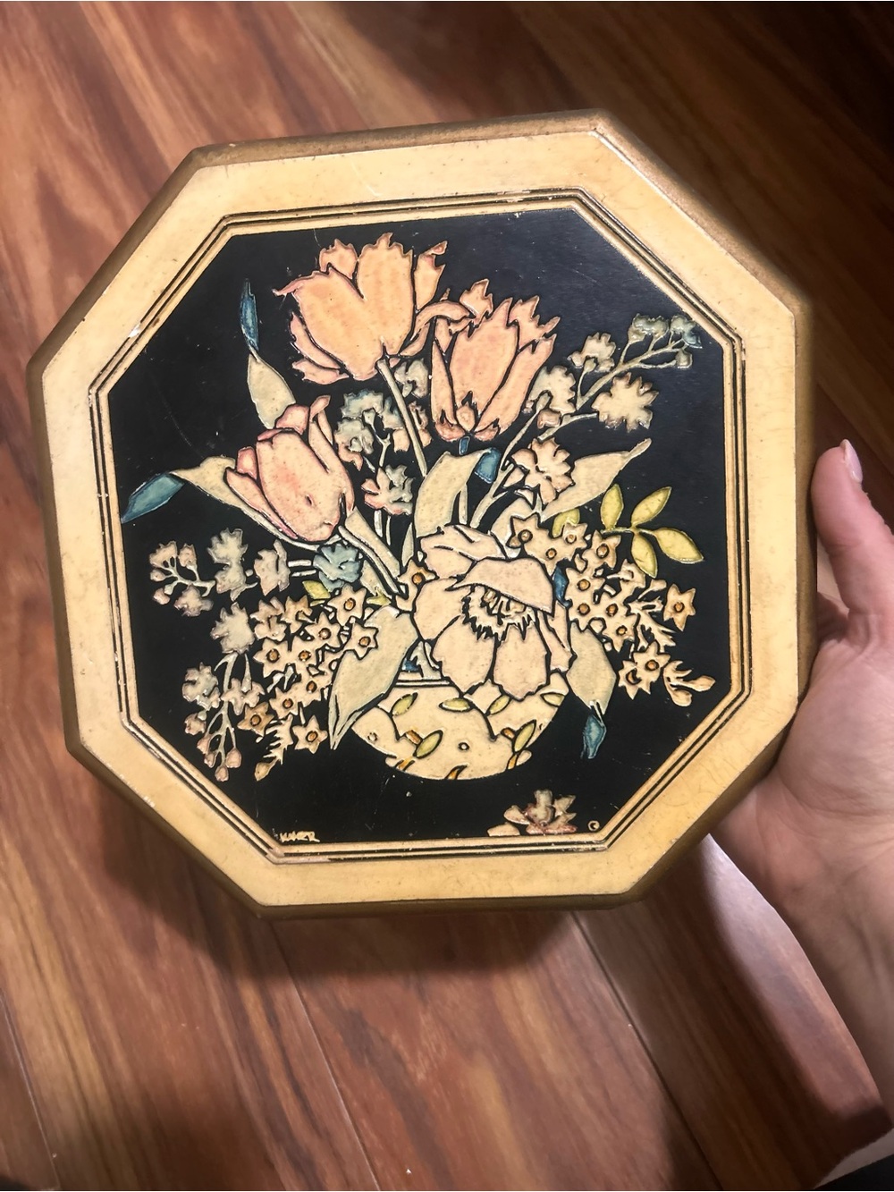 Vintage 70s/80s Chalk-ware Octagon Floral Black Contrast Wall Art Plaque